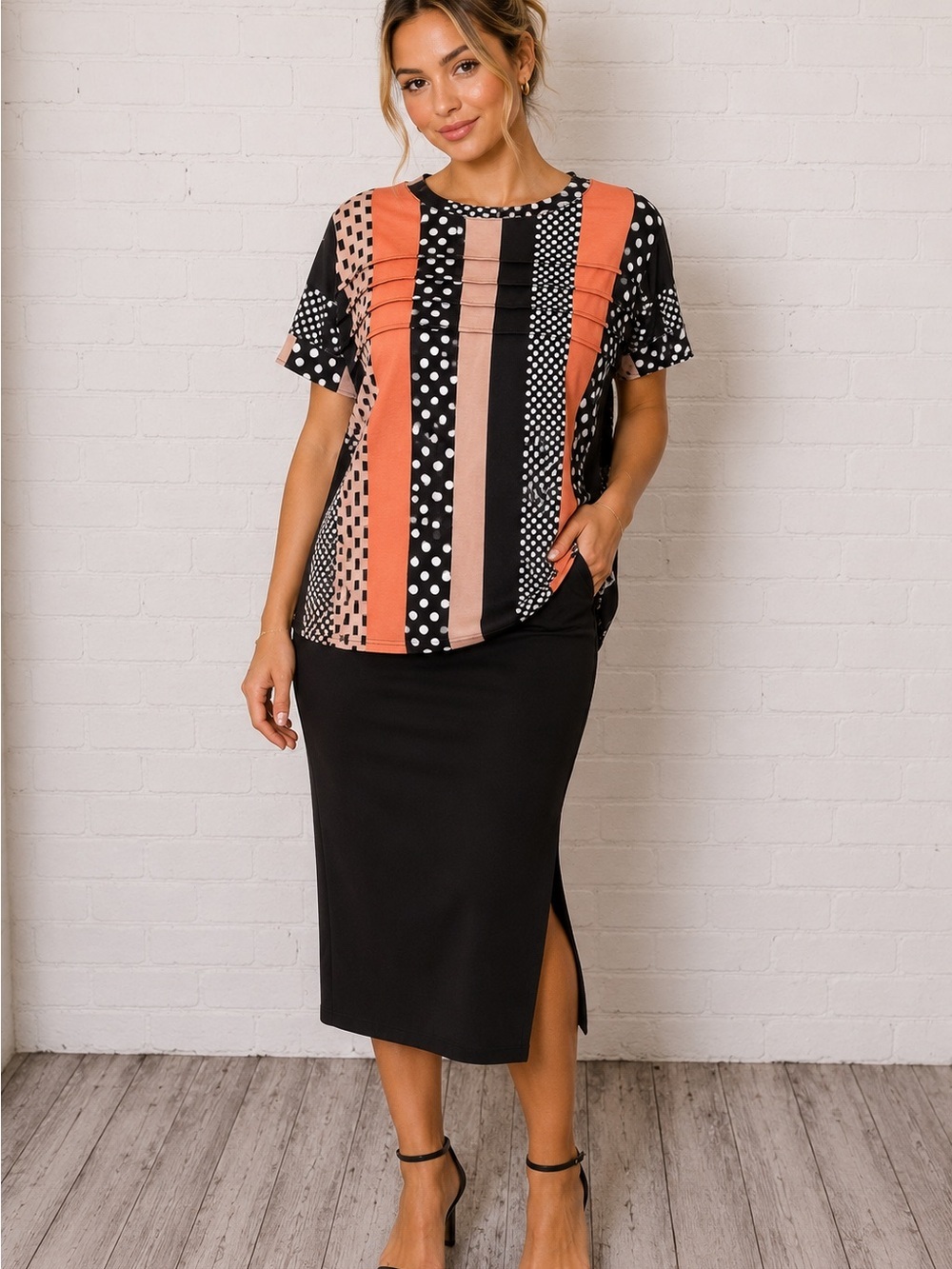Black Pencil Midi Skirt with Side Slit - Black
